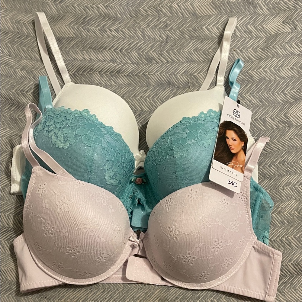 Daisy Fuentes Lace Bra Set - White, Teal, and Lilac